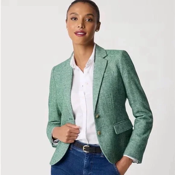 NWT J. Crew Herringbone Wool Blend Schoolboy Blazer Green Size 4P | Petite - Picture 1 of 9